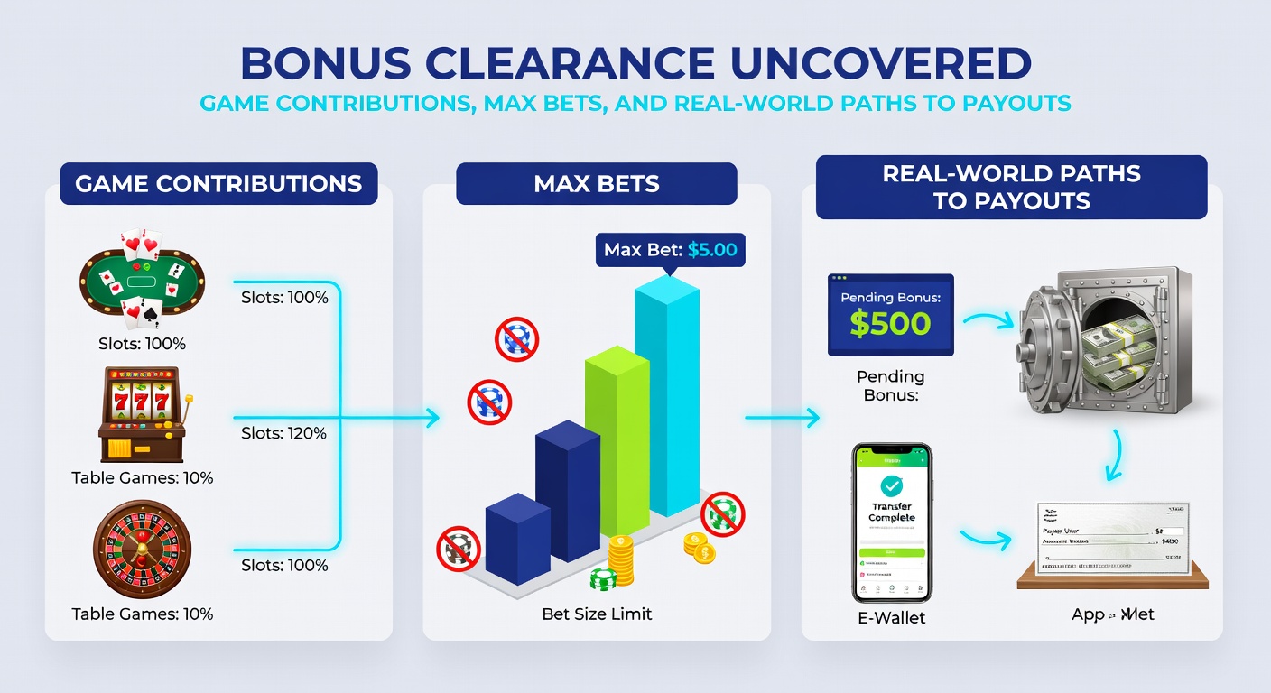 Voorbeeldscherm van een casino bonus tracker met max bet waarschuwing en wagering voortgang