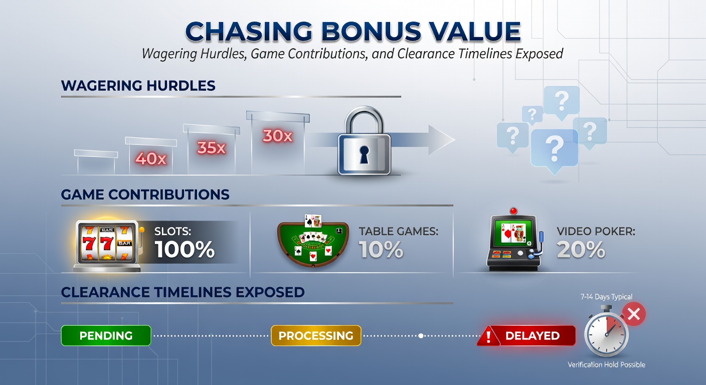 Grafiek met wagering requirements en bonusvoorwaarden bij online casino's, inclusief grafieken over spelbijdragen en tijdlijnen