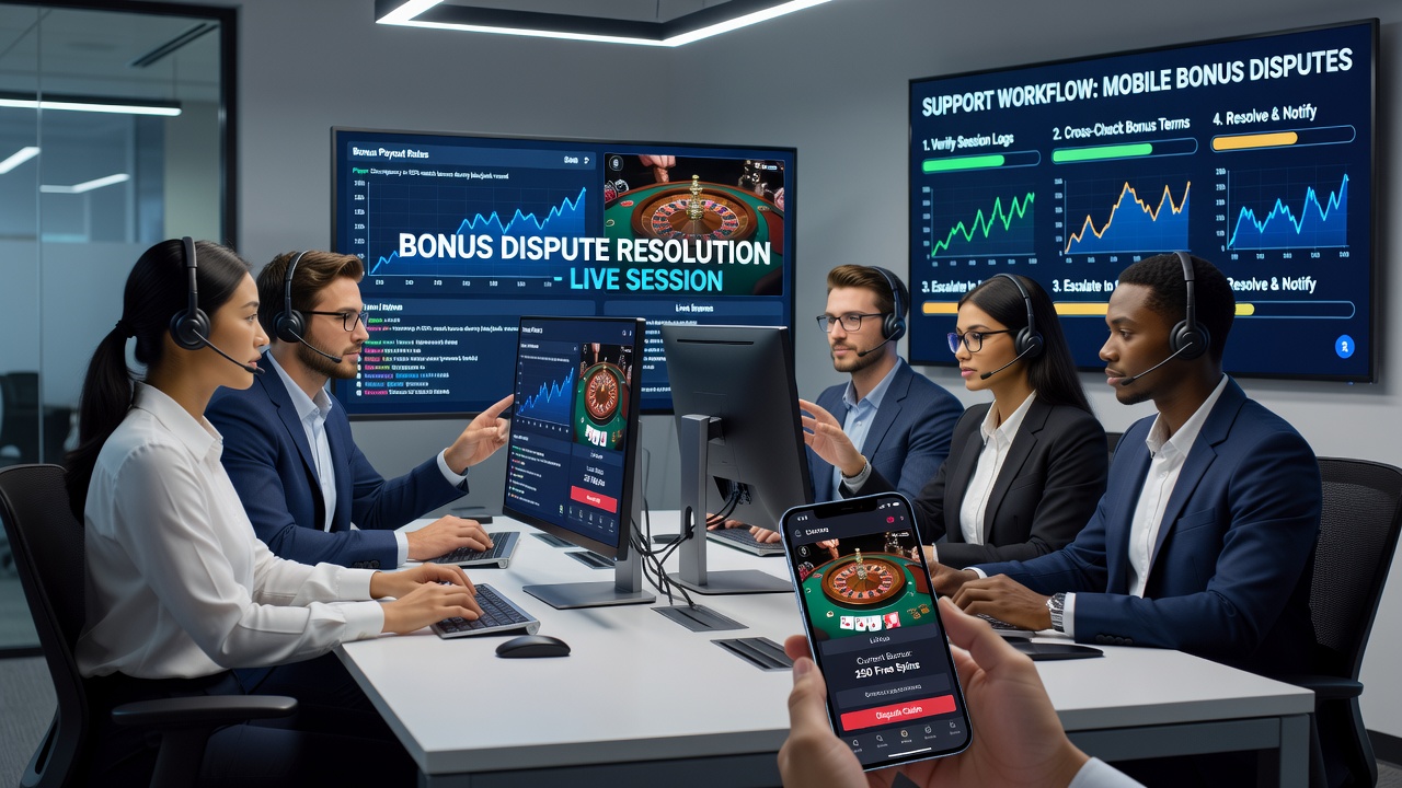 Mobiele live casino interface met supportchat tijdens een bonusgeschil