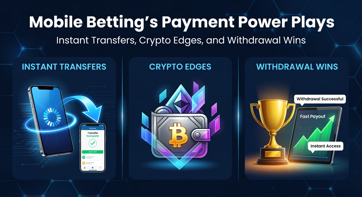 Smartphone met mobiele betting app en betalingsiconen voor instant transfers en crypto wallets